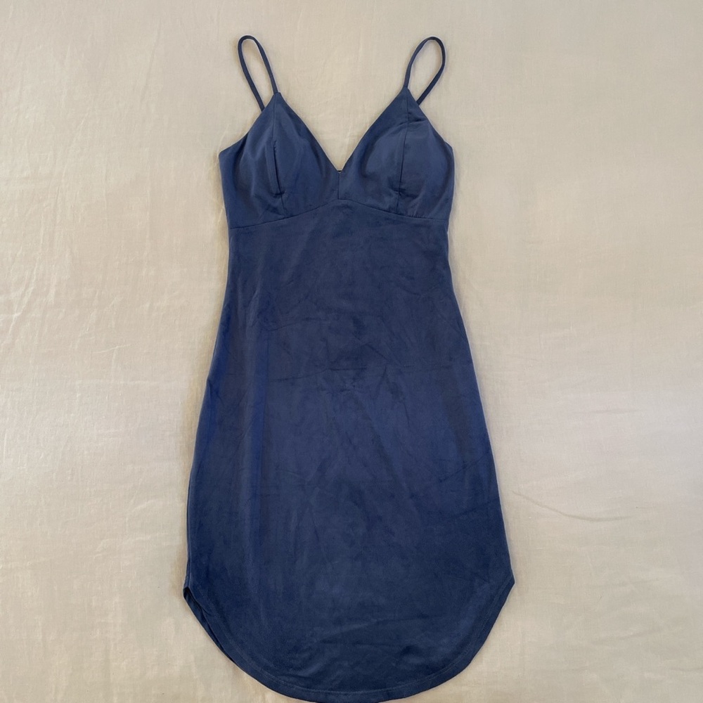 January 7 Baby Blue Suede Mini Dress W/ Curved Hem